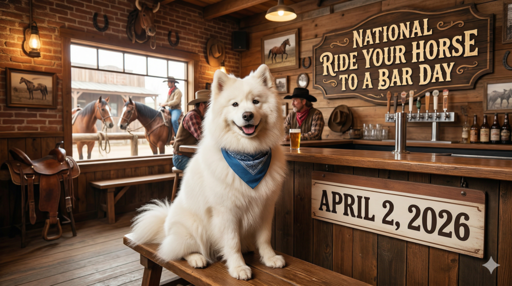 ウエスタンバーの店内でベンチに座る青いバンダナの白い犬。壁には「National Ride Your Horse to a Bar Day」、手前には「April 2, 2026」の看板。窓の外に馬が見える。