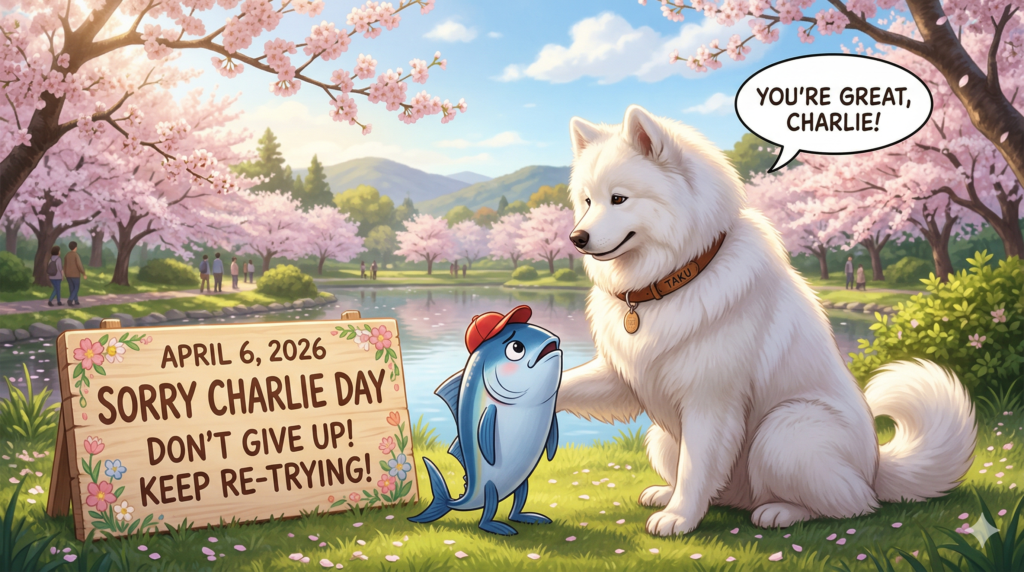 満開の桜が咲く公園の池のほとりで、白いサモエド犬が赤い帽子をかぶった二足歩行の魚（チャーリー）の肩に優しく手を置いているイラスト。