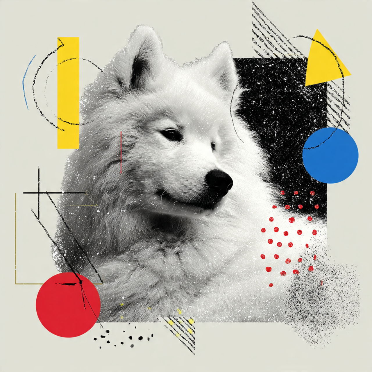 白いサモエドの顔と、赤・青・黄の幾何学的な図形、砂嵐のようなテクスチャが融合した現代アート。