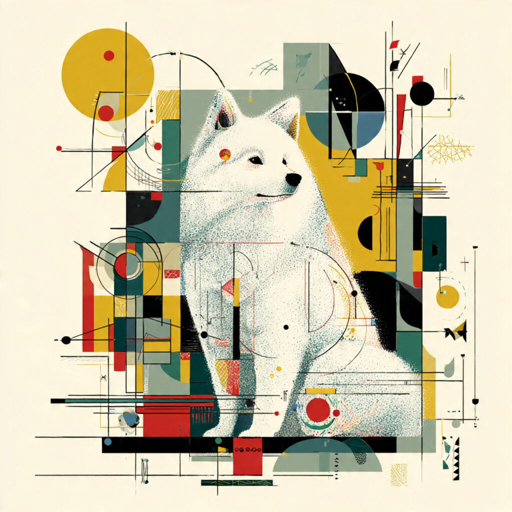 複雑な幾何学模様と抽象的な図形の中に、凛とした立ち姿の白いサモエドが描かれたモダンアート。