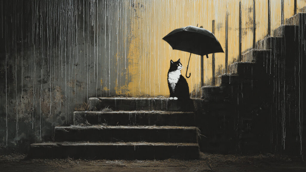 激しい雨が降るコンクリートの階段。開いて置かれた黒い傘の下で、一匹の白黒の猫が座って左上を見つめている。バンクシー（Banksy）風のステンシル・ストリートアート様式で描かれたAIコンセプトアート。
