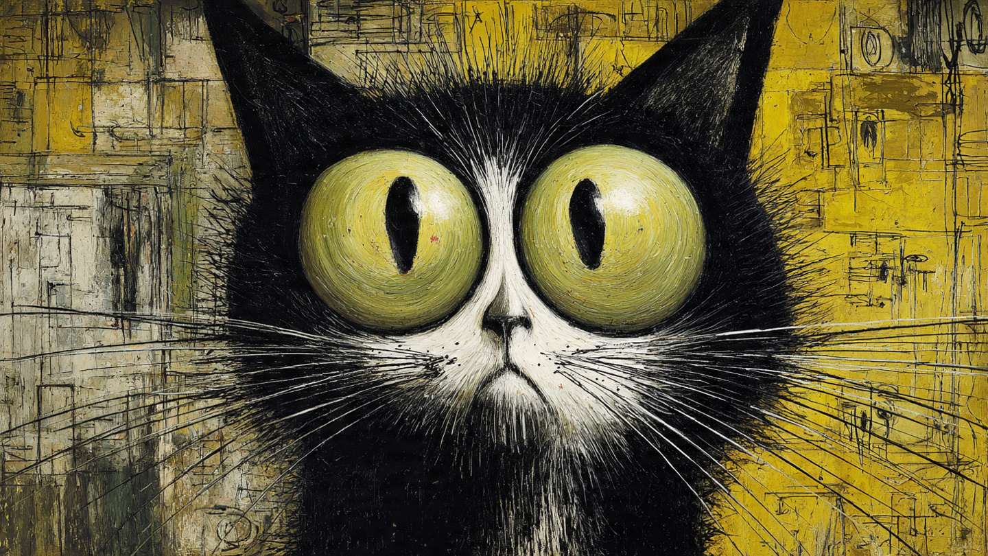巨大な黄色い目と鋭いヒゲを持つ黒猫の顔。ベルナール・ビュフェ（Bernard Buffet）風の鋭角的な線と強いコントラストで描かれたAIコンセプトアート